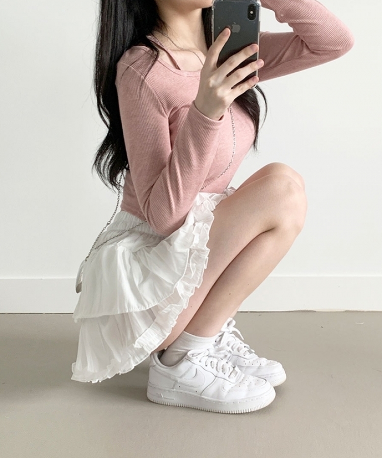 메이 레이스 캉캉 밴딩 미니스커트 아이보리