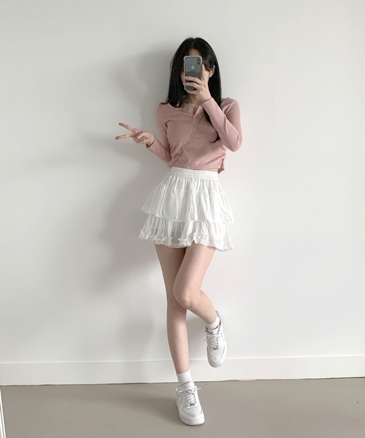 메이 레이스 캉캉 밴딩 미니스커트 아이보리