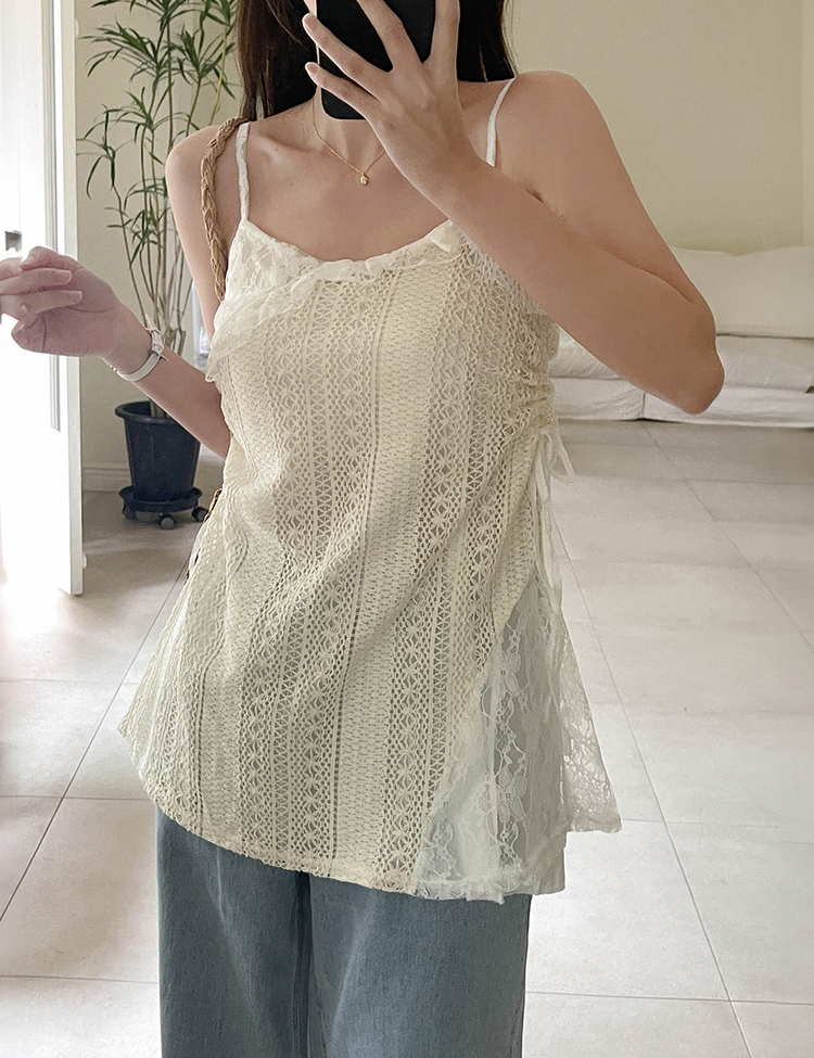 レースサイドシャーリングリボンワンピース IVORY