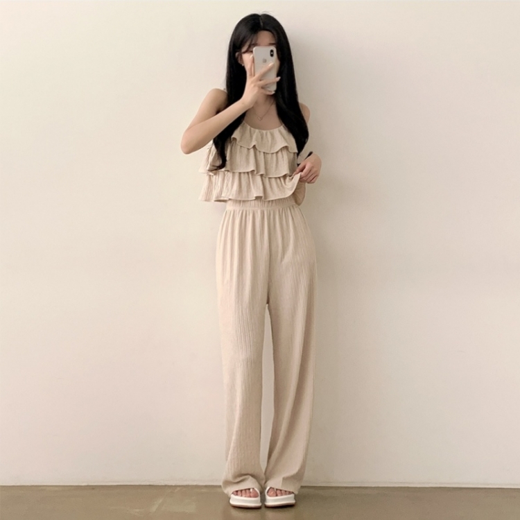 【SET】フリルクロップキャミソール＋ワイドパンツ BEIGE