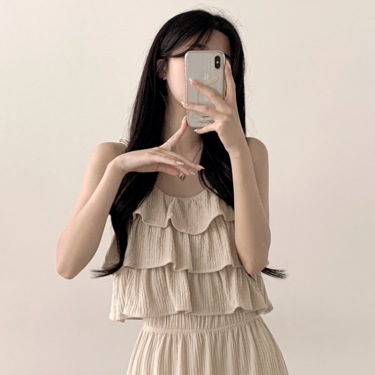 【SET】フリルクロップキャミソール＋ワイドパンツ BEIGE