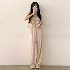 ツーピース 【SET】フリルクロップキャミソール+ワイドパンツ BEIGE