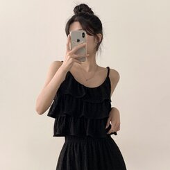 ツーピース 【SET】フリルクロップキャミソール+ワイドパンツ BLACK