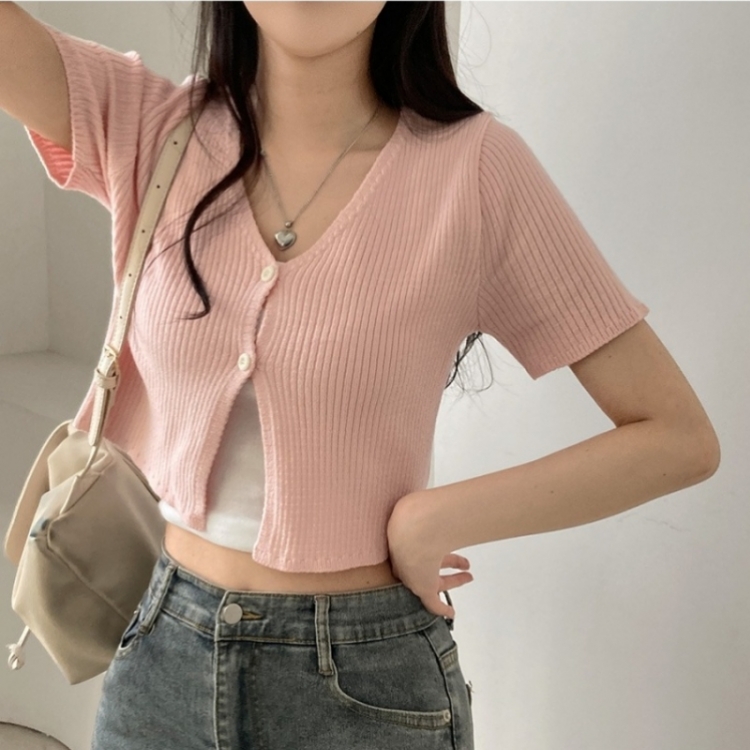 예쁨가득 데일리 트임 버튼 골지 크롭 반팔 가디건 핑크