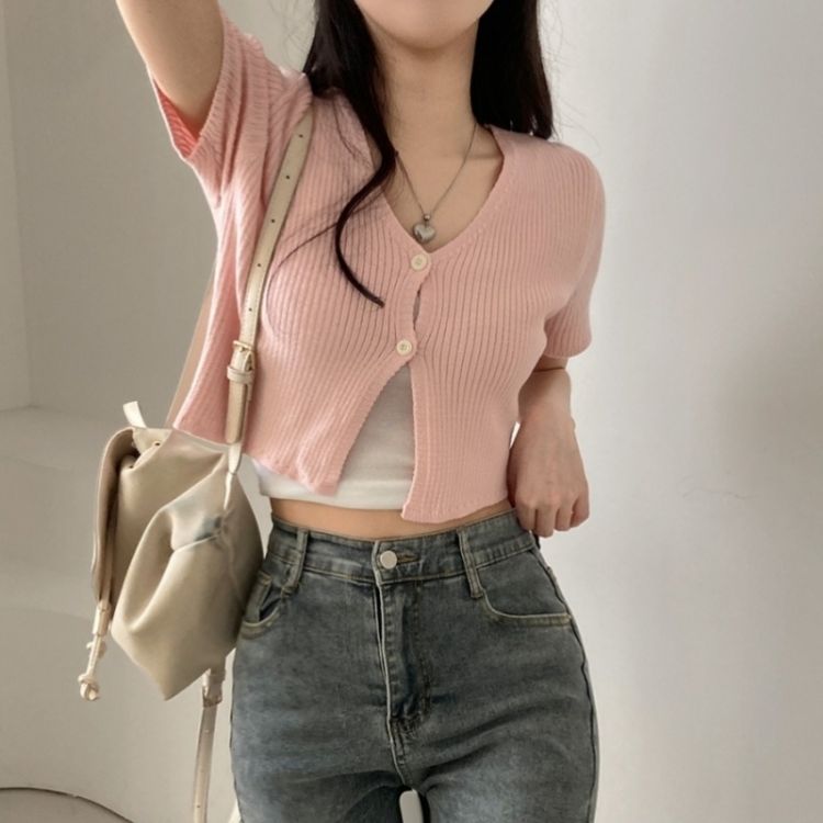 예쁨가득 데일리 트임 버튼 골지 크롭 반팔 가디건 핑크