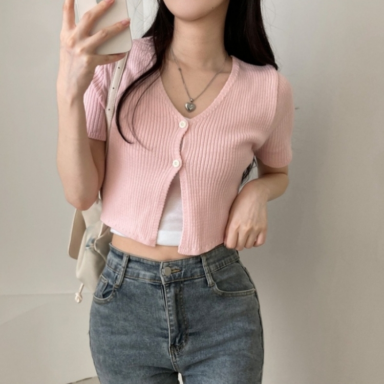 예쁨가득 데일리 트임 버튼 골지 크롭 반팔 가디건 핑크