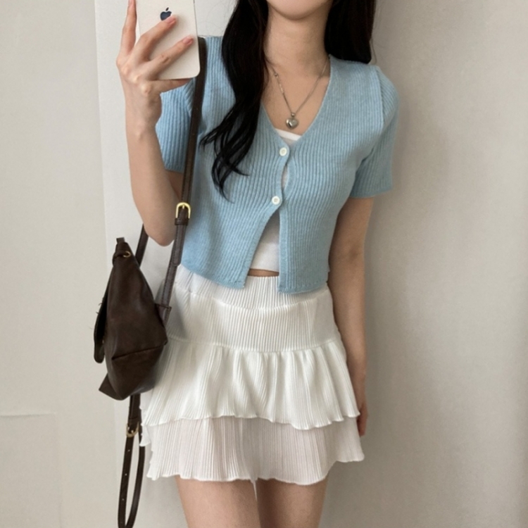 예쁨가득 데일리 트임 버튼 골지 크롭 반팔 가디건 소라