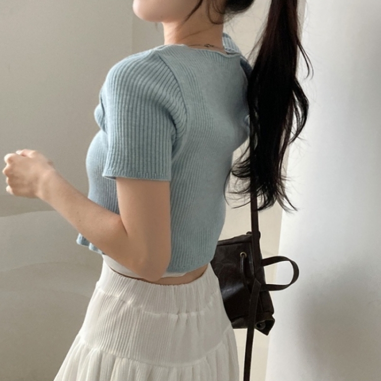 예쁨가득 데일리 트임 버튼 골지 크롭 반팔 가디건 소라