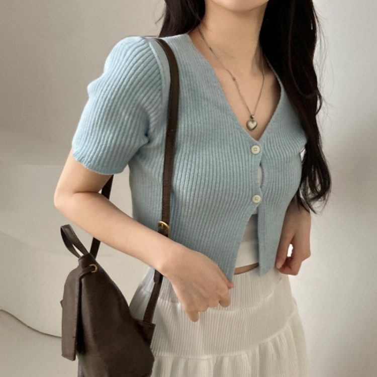 예쁨가득 데일리 트임 버튼 골지 크롭 반팔 가디건 소라