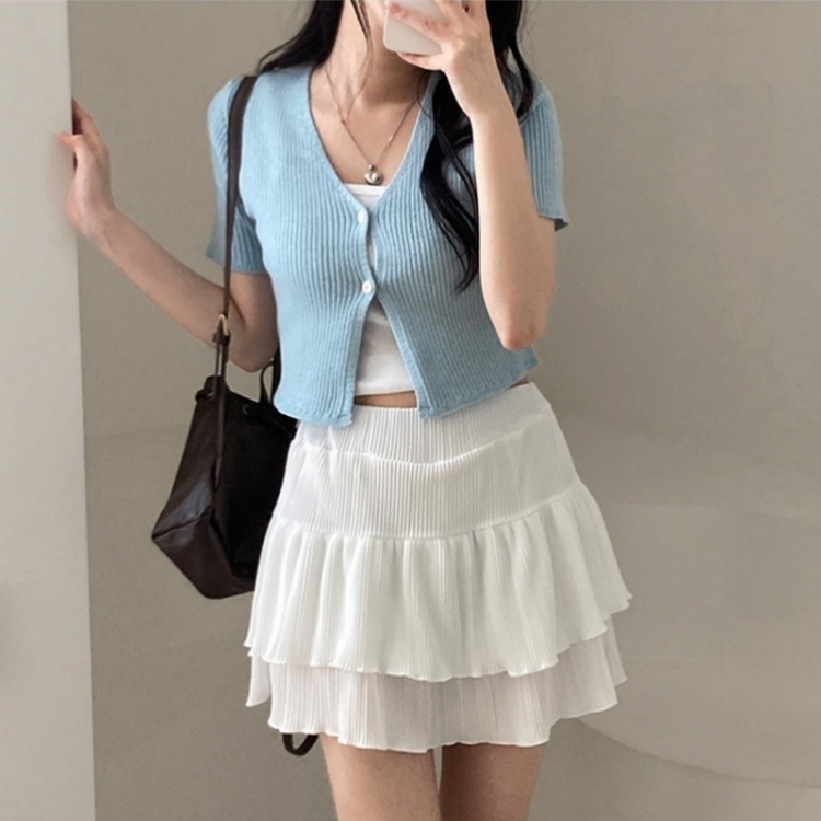 예쁨가득 데일리 트임 버튼 골지 크롭 반팔 가디건 소라