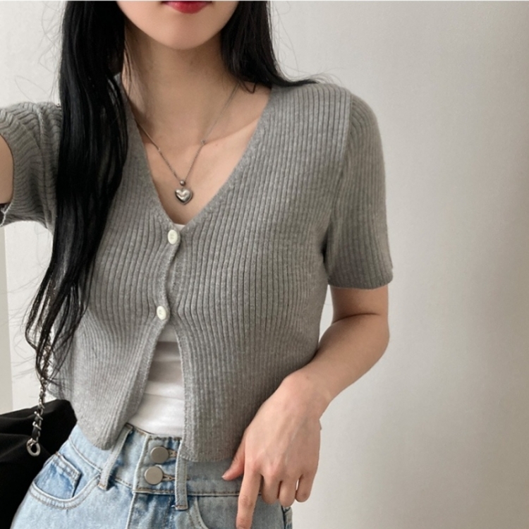 예쁨가득 데일리 트임 버튼 골지 크롭 반팔 가디건 그레이