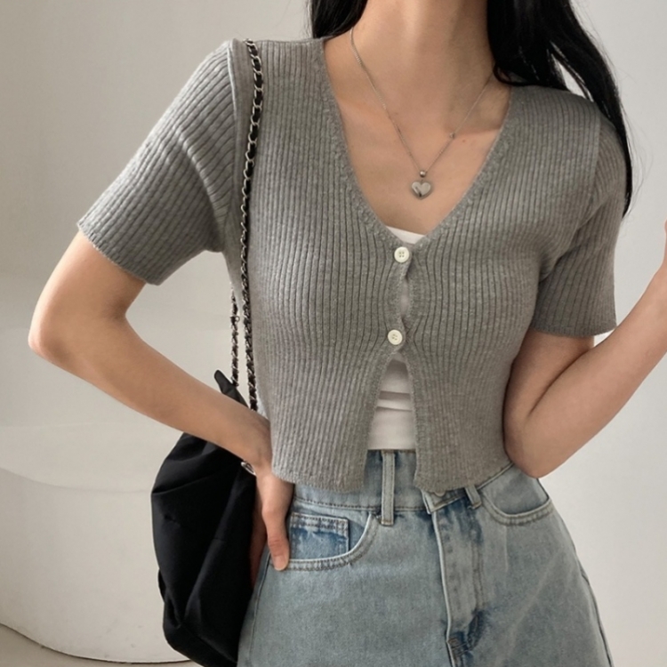 예쁨가득 데일리 트임 버튼 골지 크롭 반팔 가디건 그레이