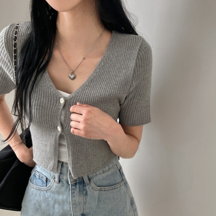 예쁨가득 데일리 트임 버튼 골지 크롭 반팔 가디건 그레이