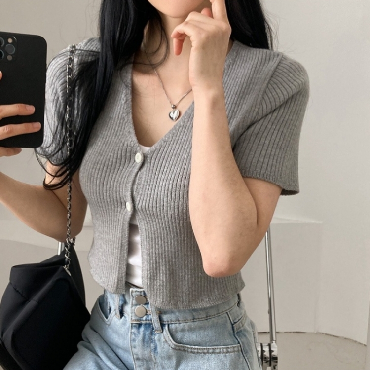 예쁨가득 데일리 트임 버튼 골지 크롭 반팔 가디건 그레이