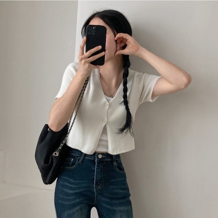 예쁨가득 데일리 트임 버튼 골지 크롭 반팔 가디건 아이보리