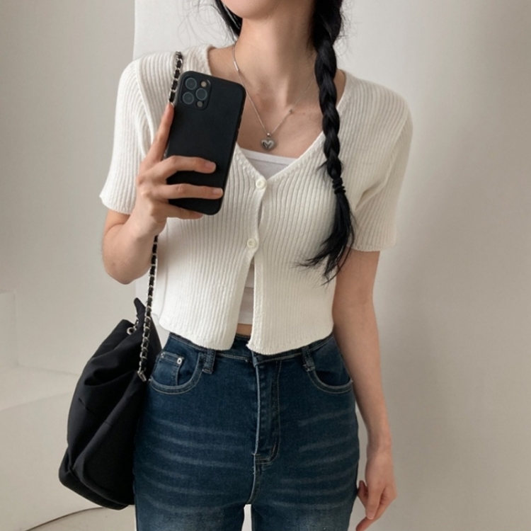 예쁨가득 데일리 트임 버튼 골지 크롭 반팔 가디건 아이보리