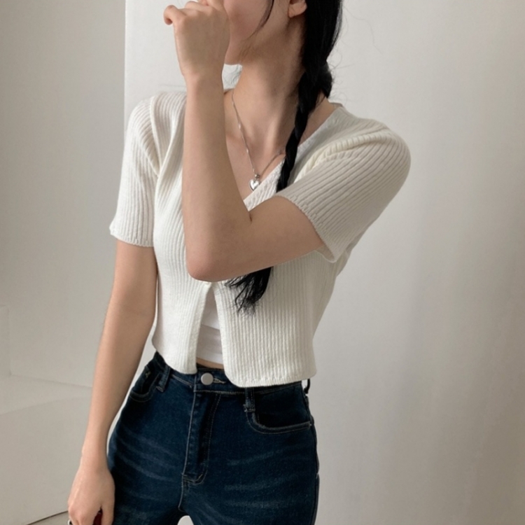 예쁨가득 데일리 트임 버튼 골지 크롭 반팔 가디건 아이보리