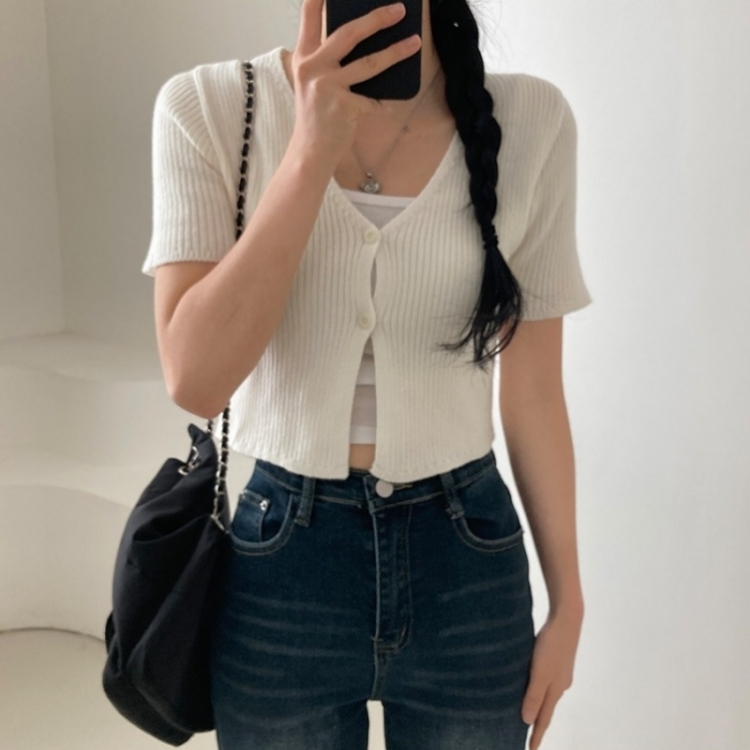 예쁨가득 데일리 트임 버튼 골지 크롭 반팔 가디건 아이보리