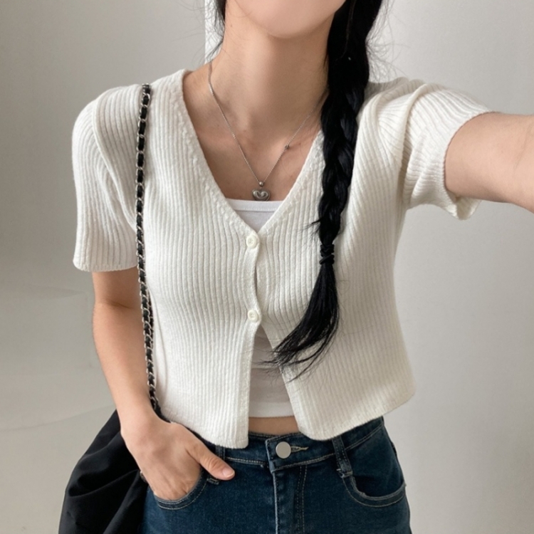 예쁨가득 데일리 트임 버튼 골지 크롭 반팔 가디건 아이보리