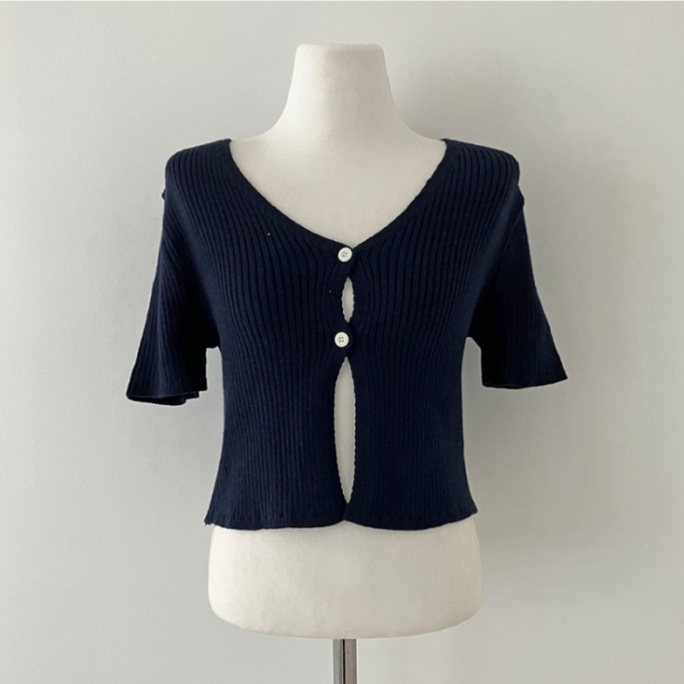 예쁨가득 데일리 트임 버튼 골지 크롭 반팔 가디건