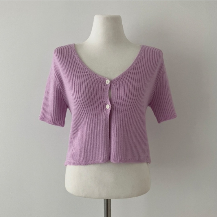 예쁨가득 데일리 트임 버튼 골지 크롭 반팔 가디건