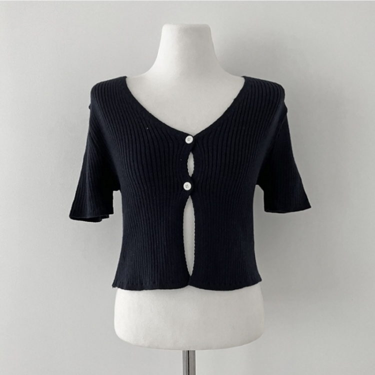 예쁨가득 데일리 트임 버튼 골지 크롭 반팔 가디건