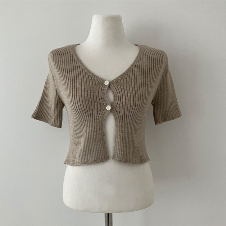 예쁨가득 데일리 트임 버튼 골지 크롭 반팔 가디건