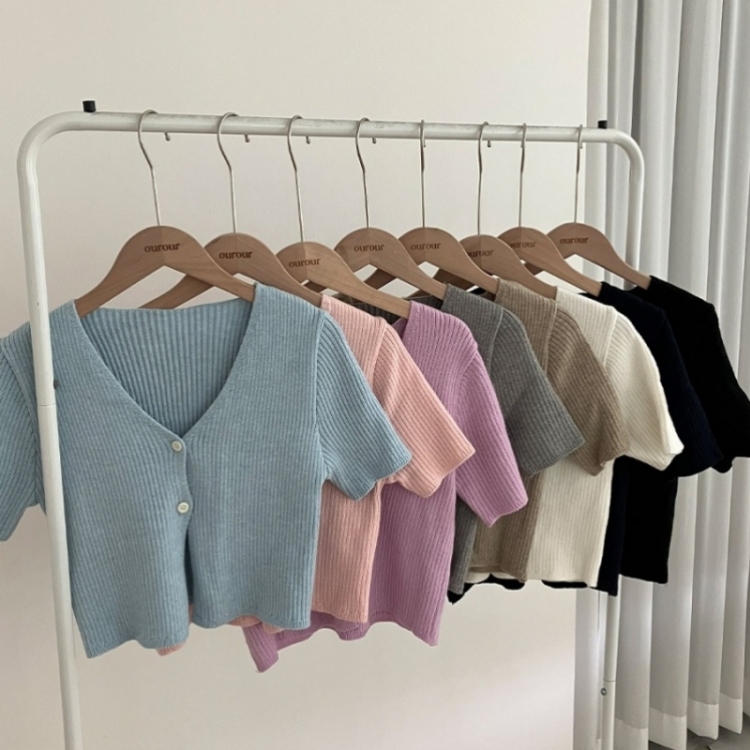 예쁨가득 데일리 트임 버튼 골지 크롭 반팔 가디건