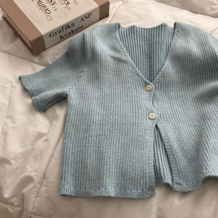 예쁨가득 데일리 트임 버튼 골지 크롭 반팔 가디건