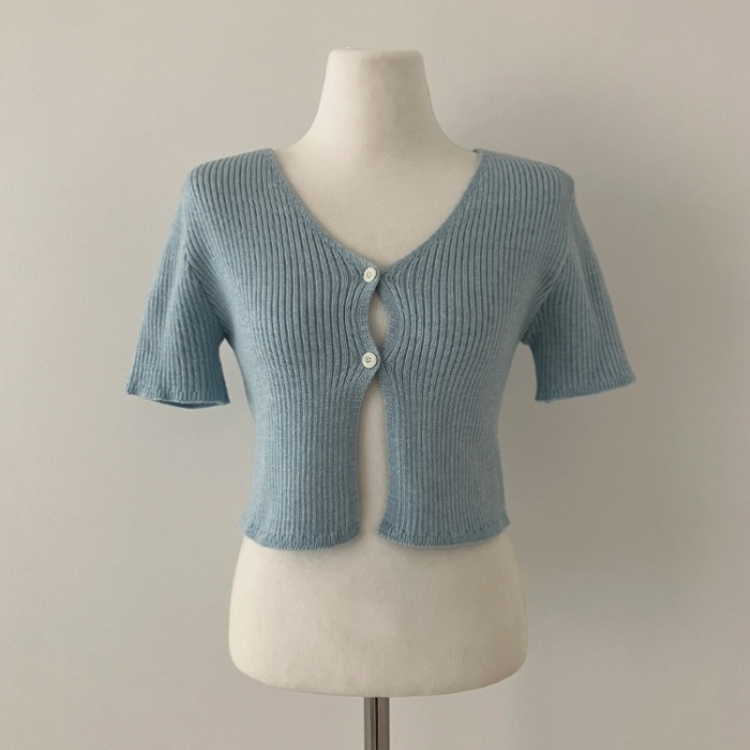 예쁨가득 데일리 트임 버튼 골지 크롭 반팔 가디건