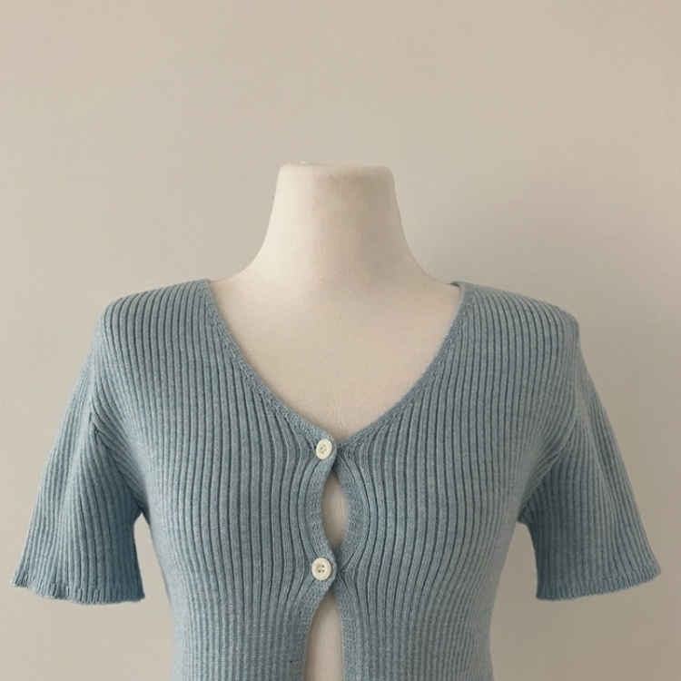 예쁨가득 데일리 트임 버튼 골지 크롭 반팔 가디건