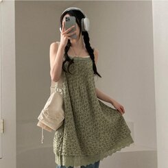 ロングワンピース フラワーレースレイヤードミディキャミソールワンピース KHAKI