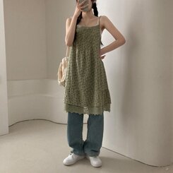 ロングワンピース フラワーレースレイヤードミディキャミソールワンピース KHAKI