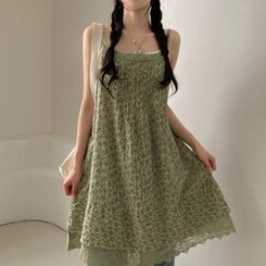 ロングワンピース フラワーレースレイヤードミディキャミソールワンピース KHAKI