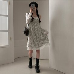 ロングワンピース フラワーレースレイヤードミディキャミソールワンピース WHITE
