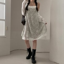 ロングワンピース フラワーレースレイヤードミディキャミソールワンピース WHITE