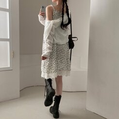 ロングワンピース フラワーレースレイヤードミディキャミソールワンピース WHITE