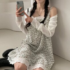 ロングワンピース フラワーレースレイヤードミディキャミソールワンピース WHITE