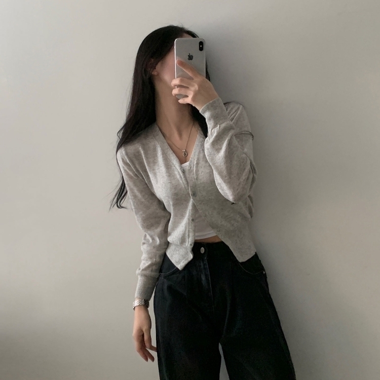 웨이 린넨니트 크롭 기본 가디건 12color 그레이