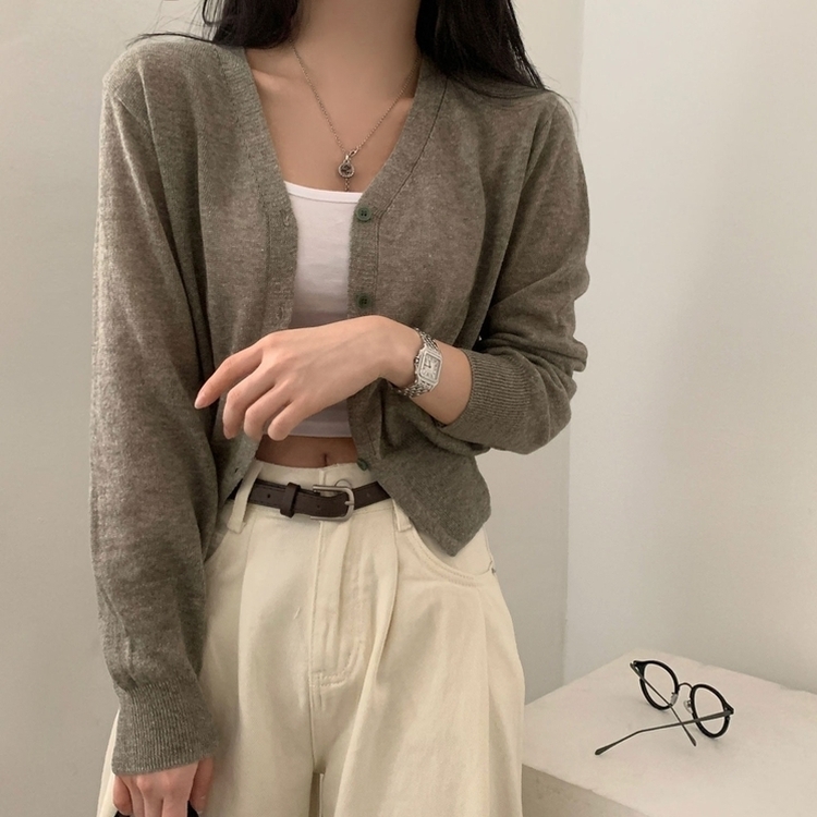 웨이 린넨니트 크롭 기본 가디건 12color 카키