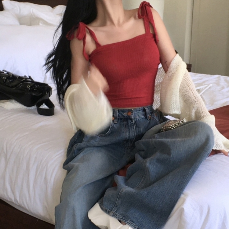 リボンスクエアネックリブクロップキャミソール RED