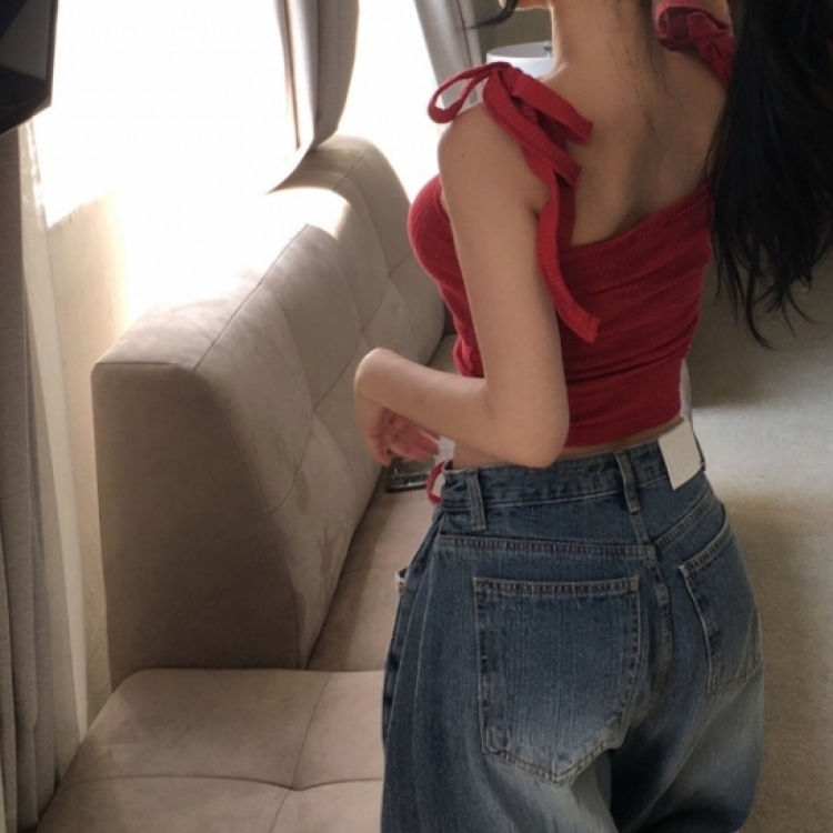 リボンスクエアネックリブクロップキャミソール RED