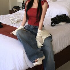 ノースリーブ リボンスクエアネックリブクロップキャミソール RED