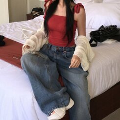 ノースリーブ リボンスクエアネックリブクロップキャミソール RED