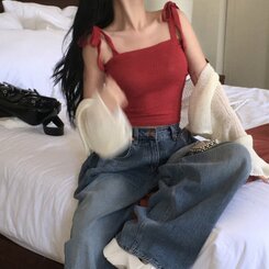 ノースリーブ リボンスクエアネックリブクロップキャミソール RED