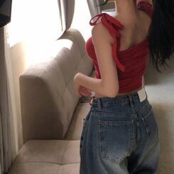 ノースリーブ リボンスクエアネックリブクロップキャミソール RED