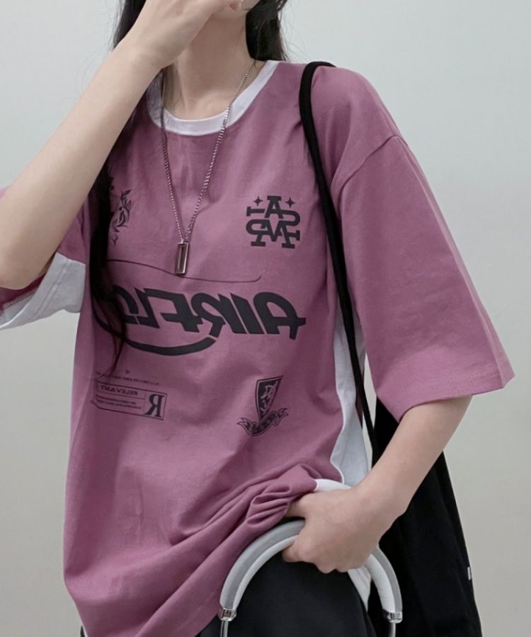 配色レタリングボックスフィット半袖Tシャツ pastel purple