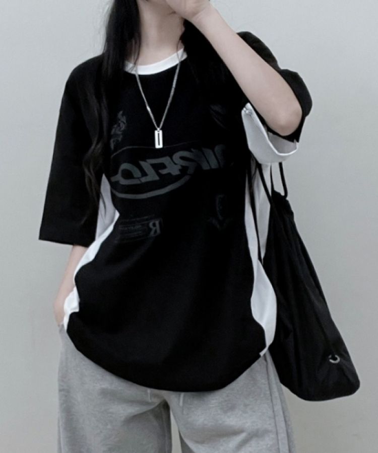 配色レタリングボックスフィット半袖Tシャツ BLACK