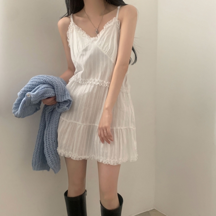 도티 레이스 끈나시 프릴 쉬폰 미니원피스 2color 아이보리