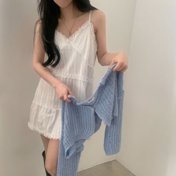 도티 레이스 끈나시 프릴 쉬폰 미니원피스 2color 아이보리